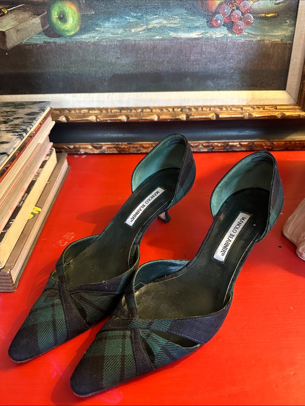 Manolo Blahnik Black and Green Tartan Plaid D'Orsay Pointed-Toe Kitten Heels